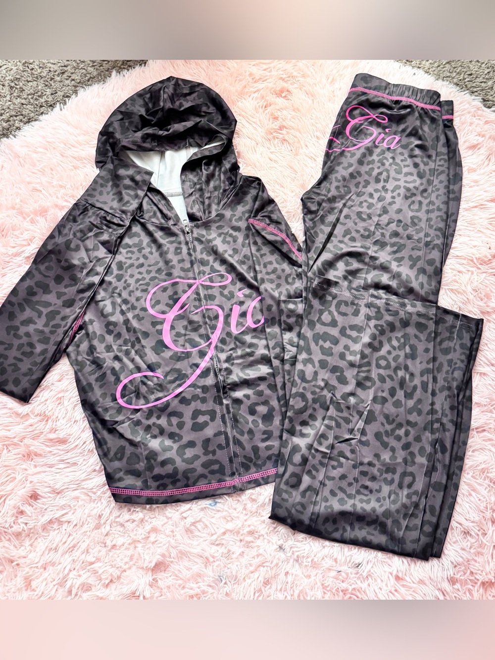 Girls Black Leopard Print Hoodie & Pants Pajama Set with Pink Script